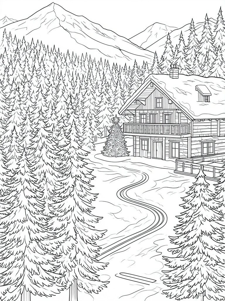 Black and white line drawing of a cabin with snow on the roof, a Christmas tree in front, pine forest on both sides, and mountains in the background.