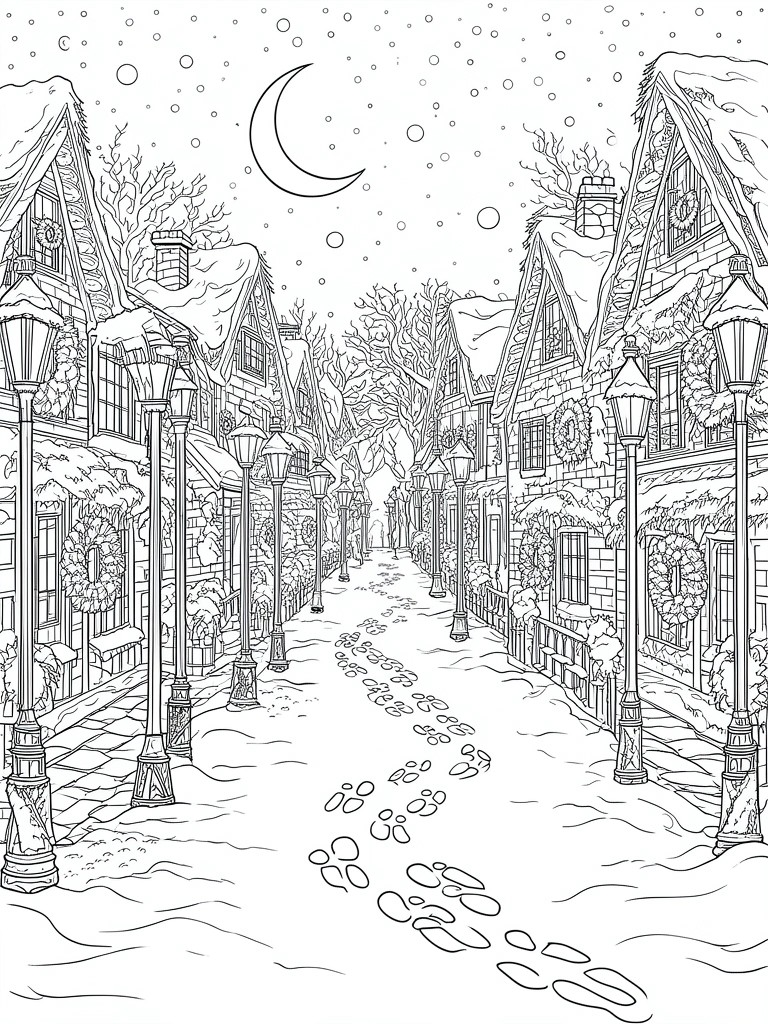 Line drawing of snowy village street with footprints, lanterns, and wreath-decorated houses under crescent moon.