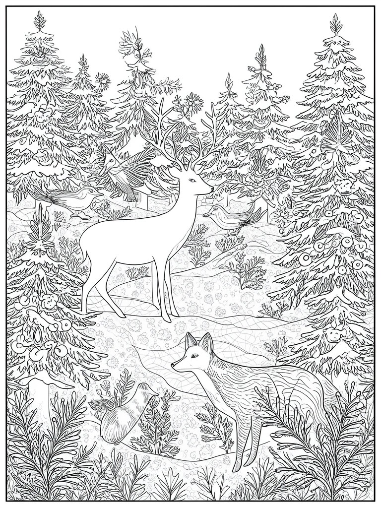 A black and white line drawing of a winter forest with a standing deer, a fox, several birds, and snow-covered evergreen trees.
