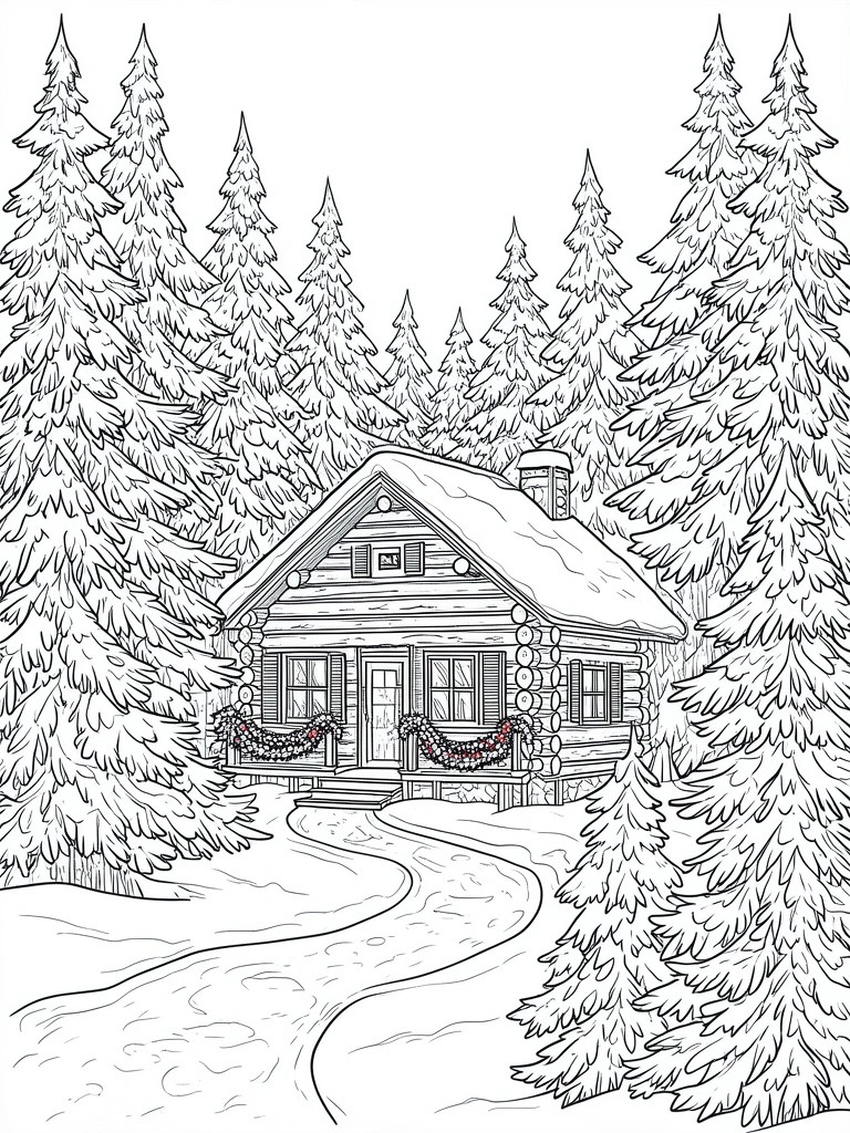 Black and white line drawing of a log cabin with snow on the roof and holiday garlands, set in a forest of tall pine trees with a winding path in front.