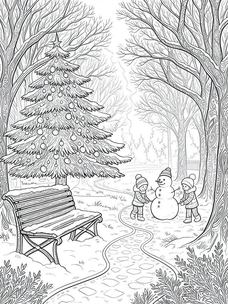 A black and white line drawing of a snowy park scene with a decorated Christmas tree, bench, winding path, and two children building a snowman.