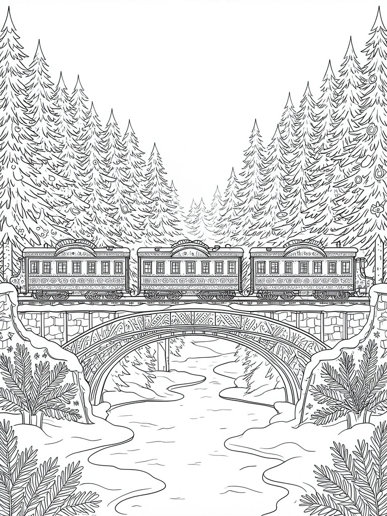 Steam train crossing arched bridge over river in snowy pine forest