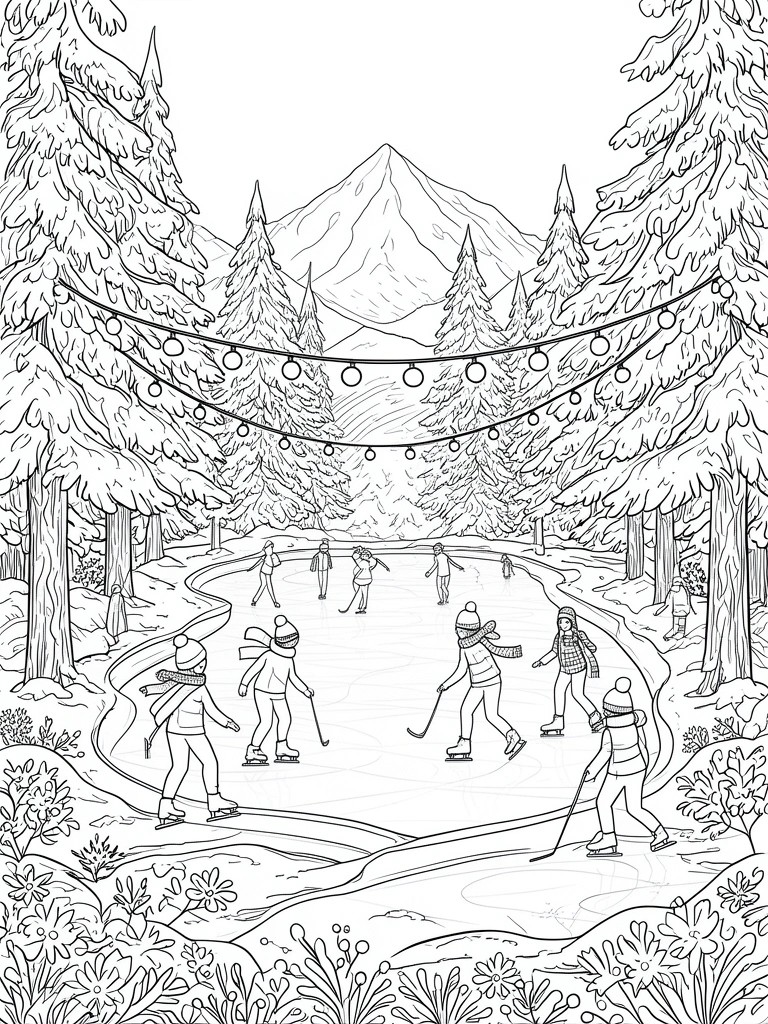 A black and white line drawing of people ice skating on a pond surrounded by snow covered trees and mountains with string lights above.