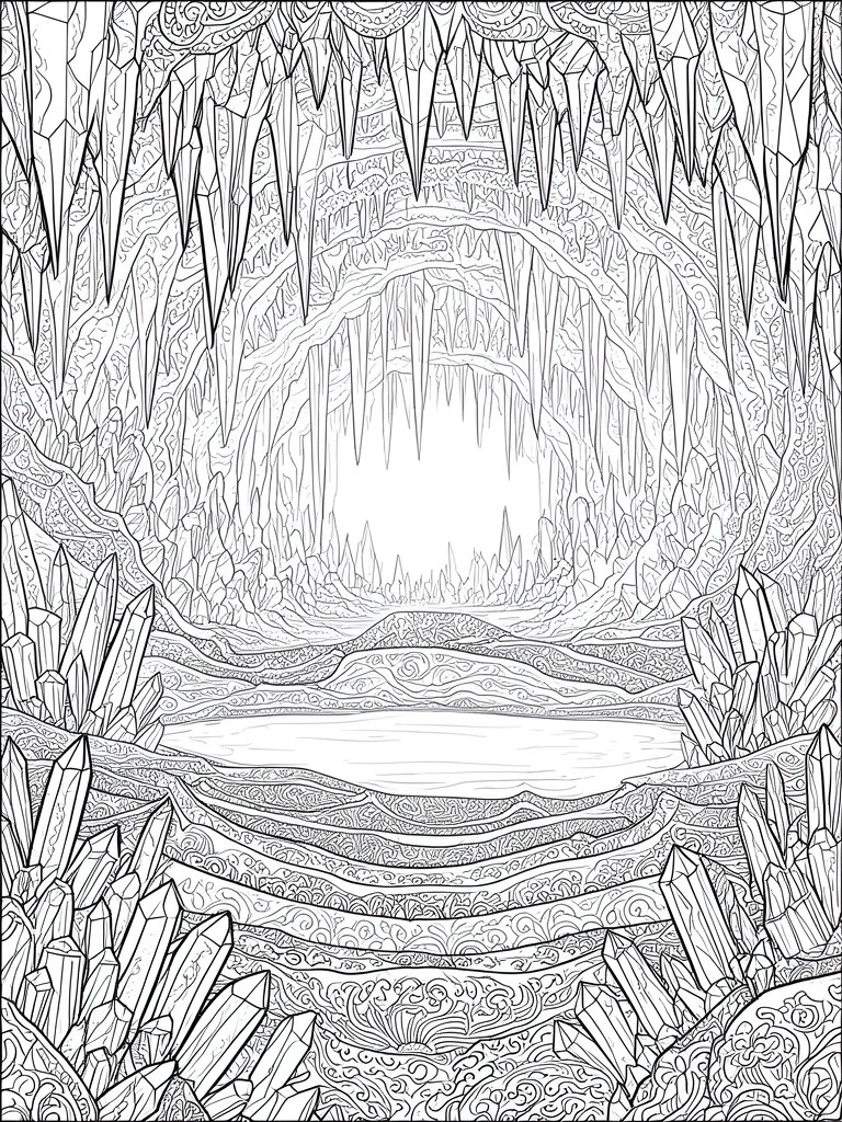 Intricate line art of a crystal cave with stalactites, formations, and a reflective pool