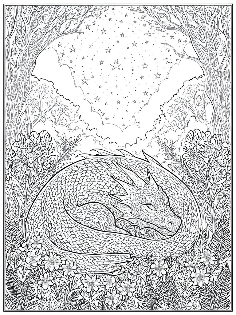 Line drawing of sleeping dragon coiled amid forest flowers under a starry sky.