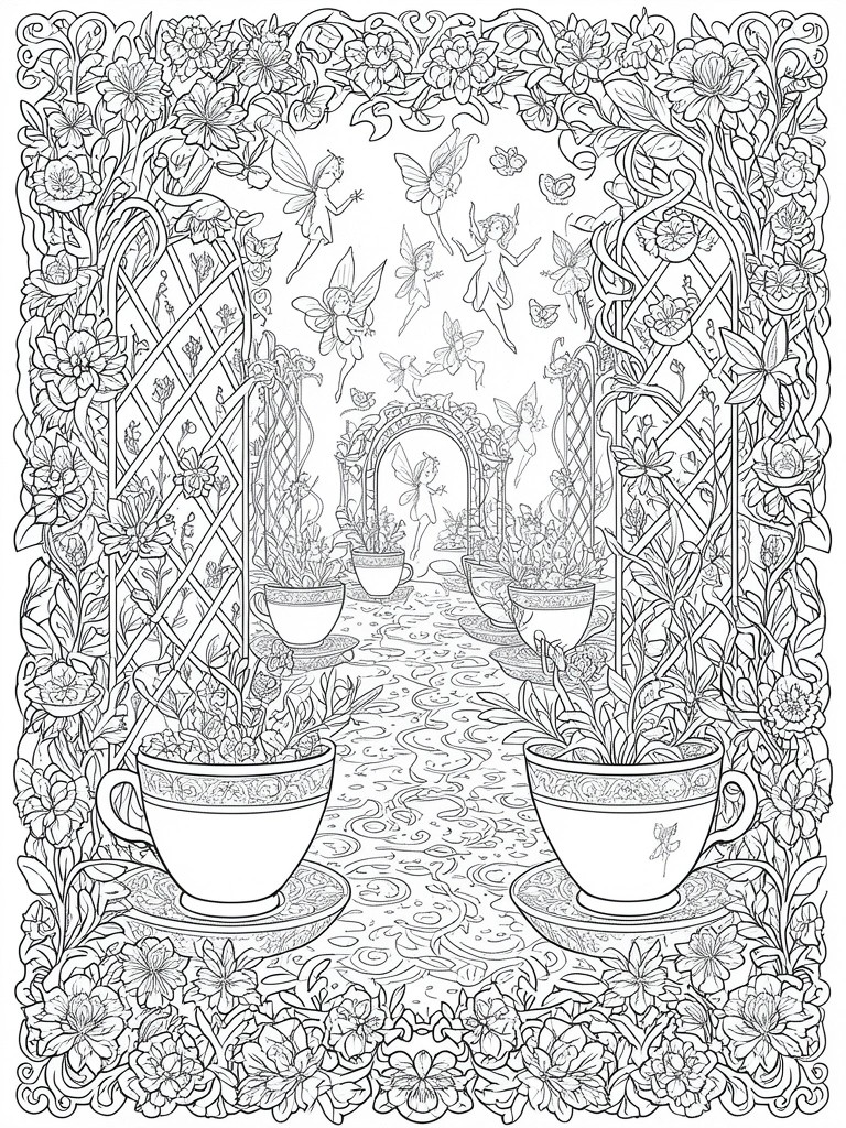 Intricate black-and-white line art of fairies amid teacup planters in a floral garden