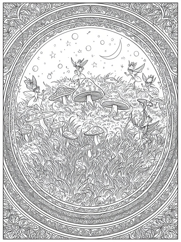 Coloring page of fairies among large mushrooms in a grassy field under stars and a crescent moon inside an ornate circular border.