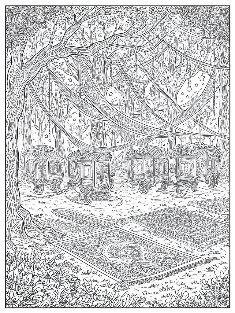 Ornate fantasy wagons on patterned rugs in a star-decorated forest clearing
