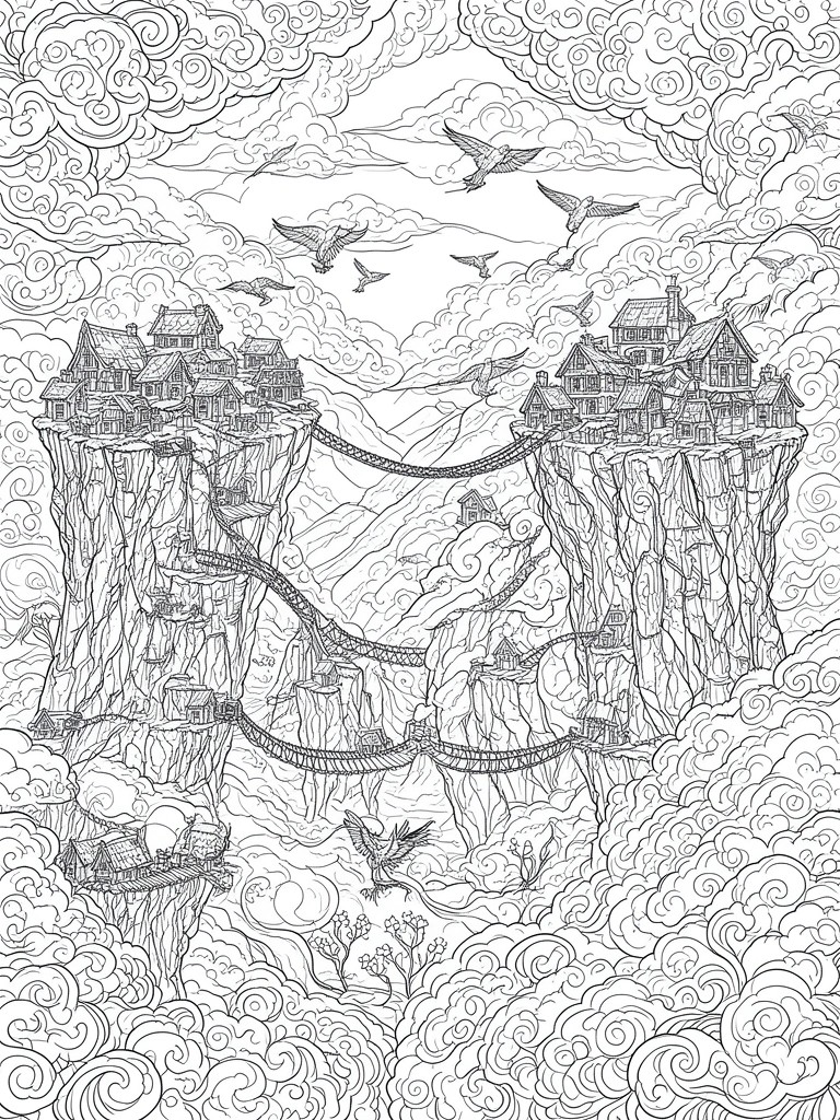 Intricate line drawing of floating cliffs with houses, bridges, clouds, and soaring birds.