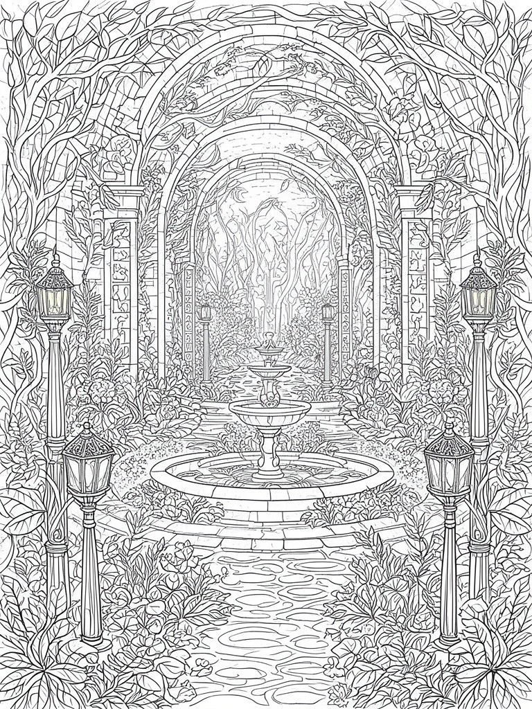 A detailed line drawing of a fantasy garden with a fountain under arched stone pathways lined with lanterns and vines.
