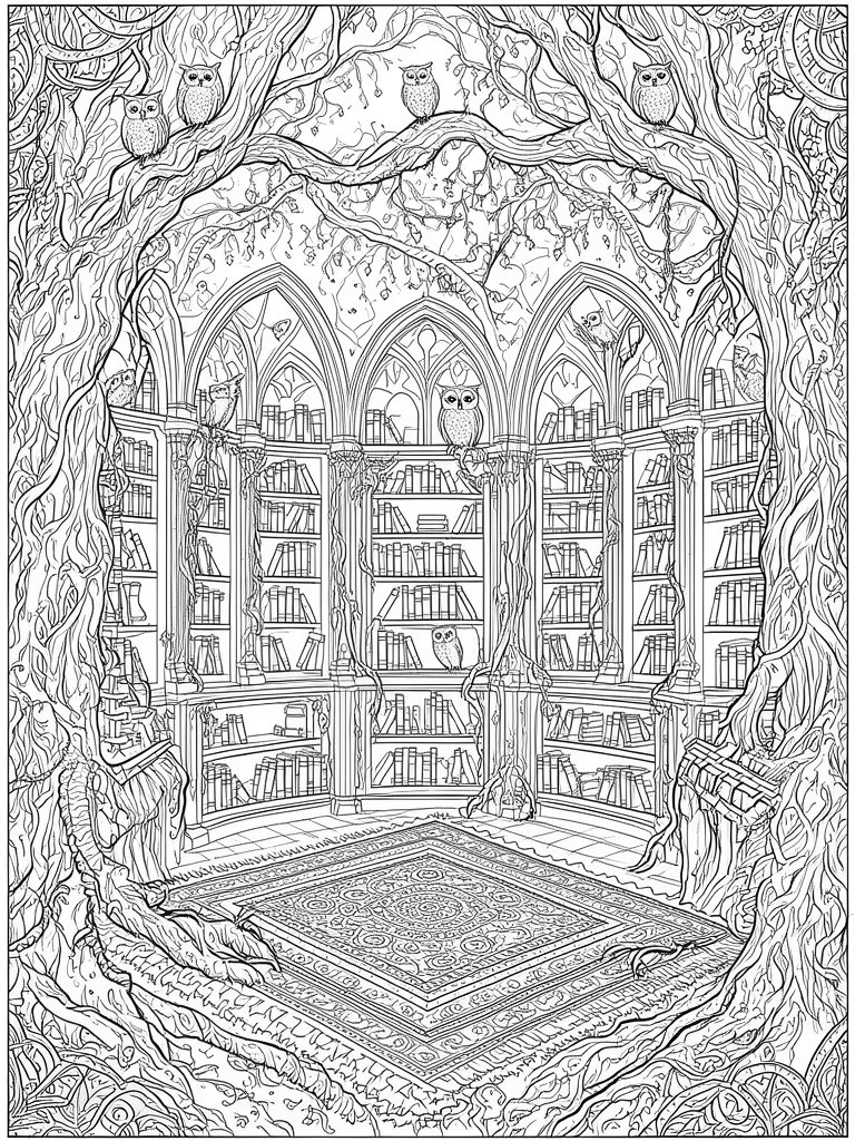 A black and white line drawing of a round library with bookshelves, owls, tree roots, and a central rug.