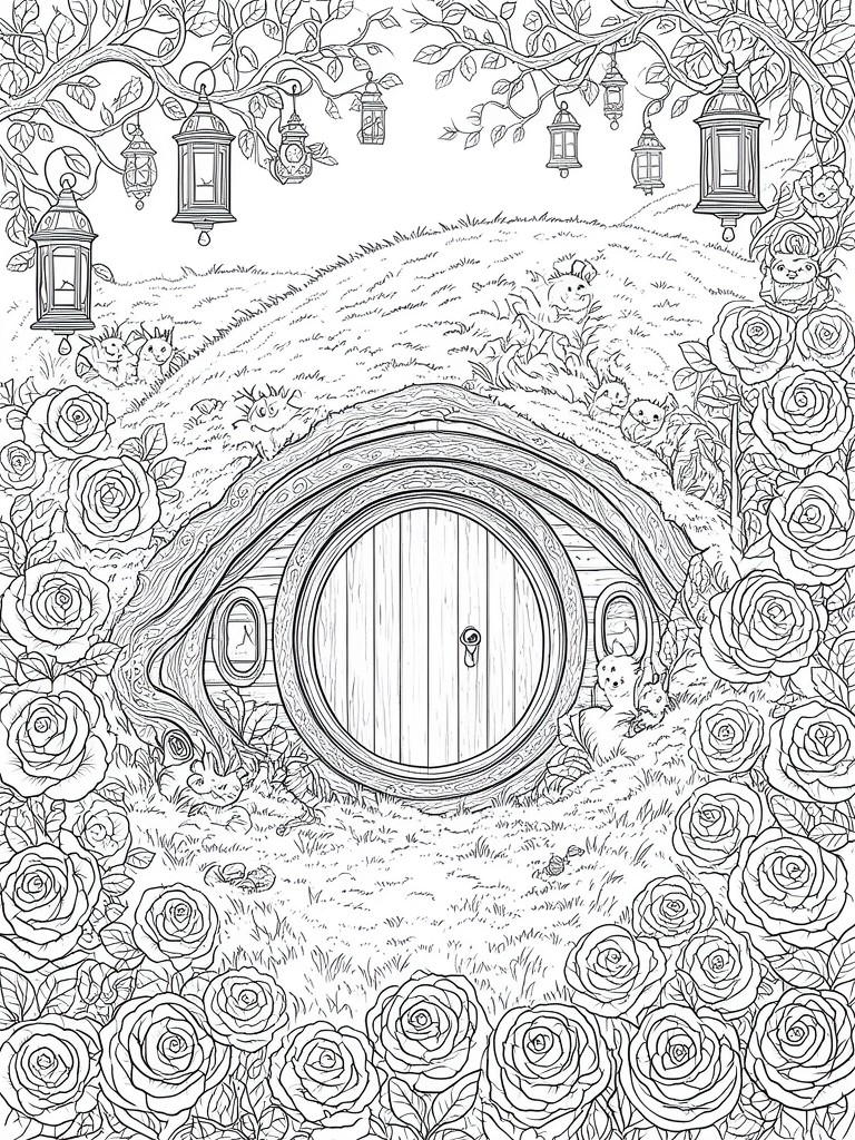 A coloring page shows a round door in a hill with roses, hanging lanterns, and small animals around it.