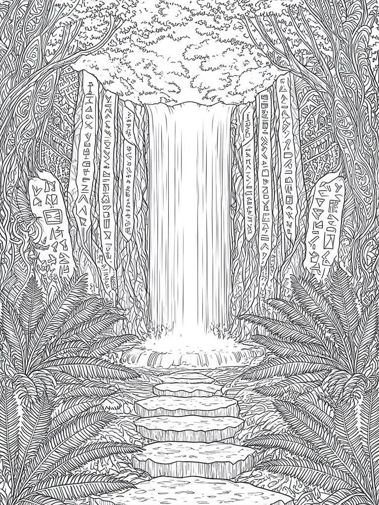 A black and white line drawing of a waterfall in a forest with rune stones and a path of steps leading to it.
