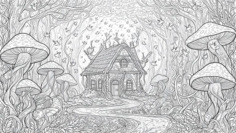 Detailed line drawing of a cottage amid oversized mushrooms and a winding forest path.