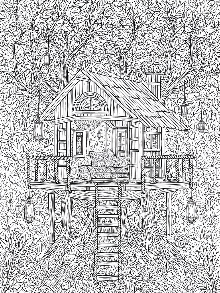 Intricate black-and-white line art of a wooden treehouse with lanterns and rope ladder.