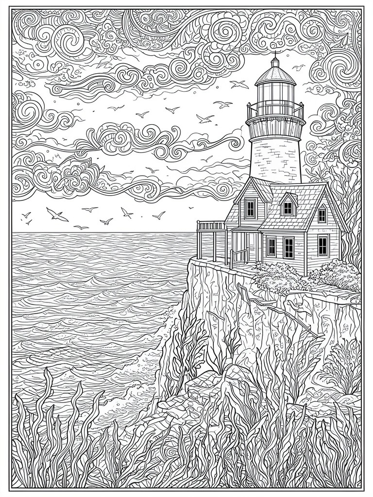 Black and white line art of lighthouse on seaside cliff with birds and waves