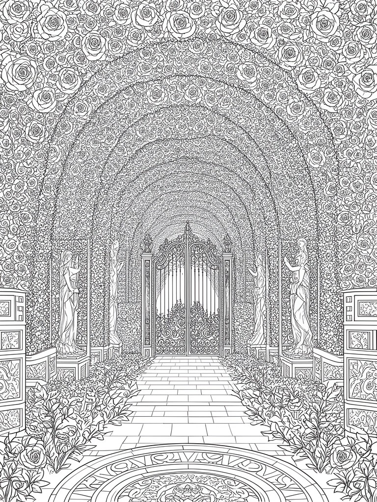 A black and white line drawing of a rose covered arched tunnel with statues and an ornate gate at the end.