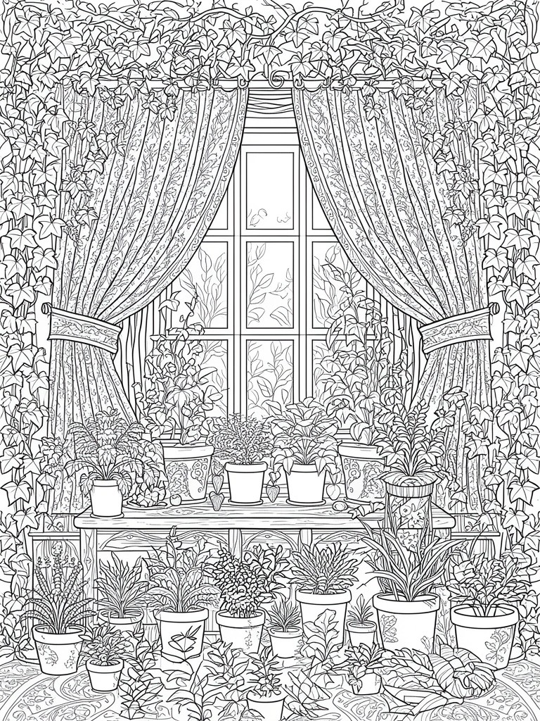 A black and white line drawing of a window with curtains and many potted plants on a table and floor, surrounded by vines.