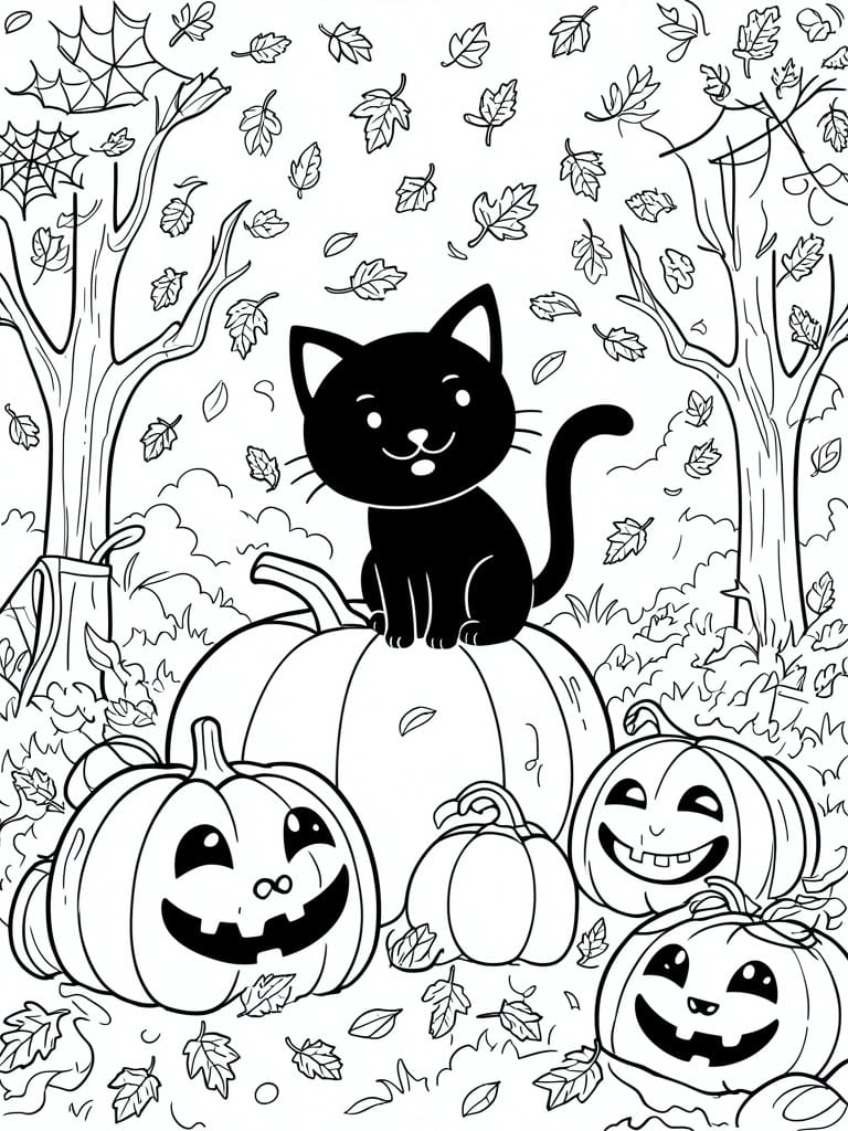 Black cat sits on pumpkin amid jack-o'-lanterns, spiderweb trees, and falling leaves