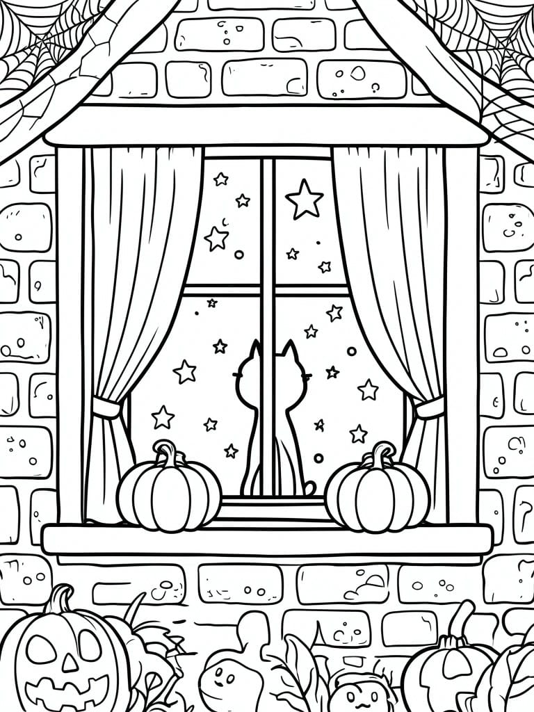 Two cats in brick window with pumpkins, curtains, stars and spiderwebs