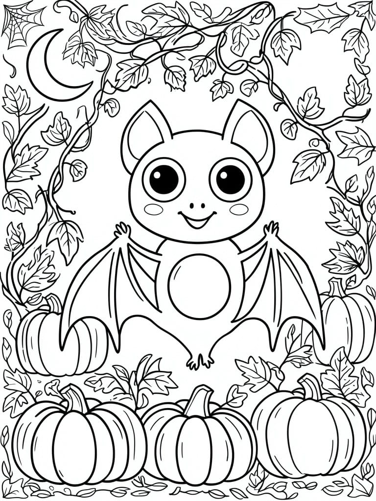 Cute cartoon bat with big eyes amid pumpkins, vines, leaves, and crescent moon coloring page