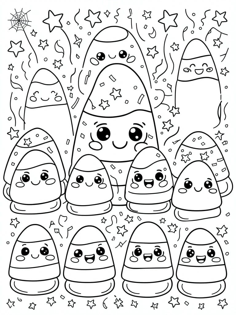 Cute candy corn characters with smiling faces amid stars and confetti