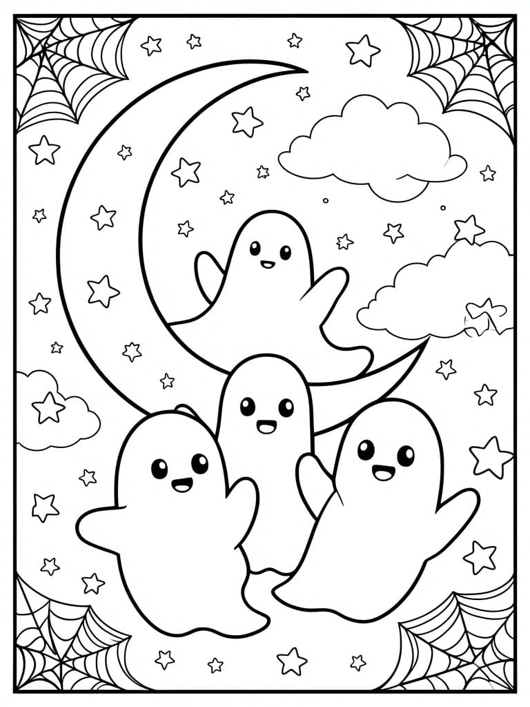 A black and white coloring page showing three cute ghosts under a crescent moon with stars, clouds, and spiderwebs in the corners.