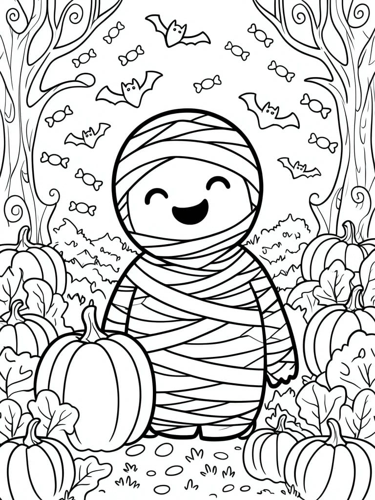 Cute smiling mummy amid pumpkins, bats, candies, and trees in line art style