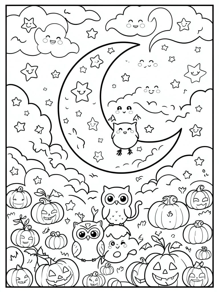 Coloring page of smiling moon, stars, owls, bats, and jack-o'-lantern pumpkins.