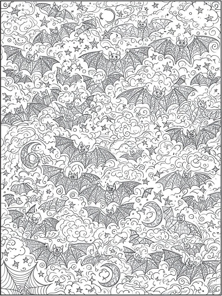 Coloring page of bats flying among clouds, stars, moons and spiderweb