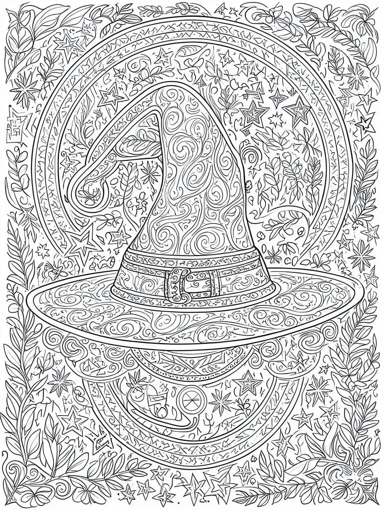 A black and white line drawing of an ornate witch hat centered in circular frames filled with stars and leaves.