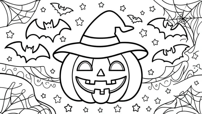 18 Creative Printable Halloween Coloring Pages to Print at Home Coloring page of jack-o'-lantern in witch hat with bats and stars around