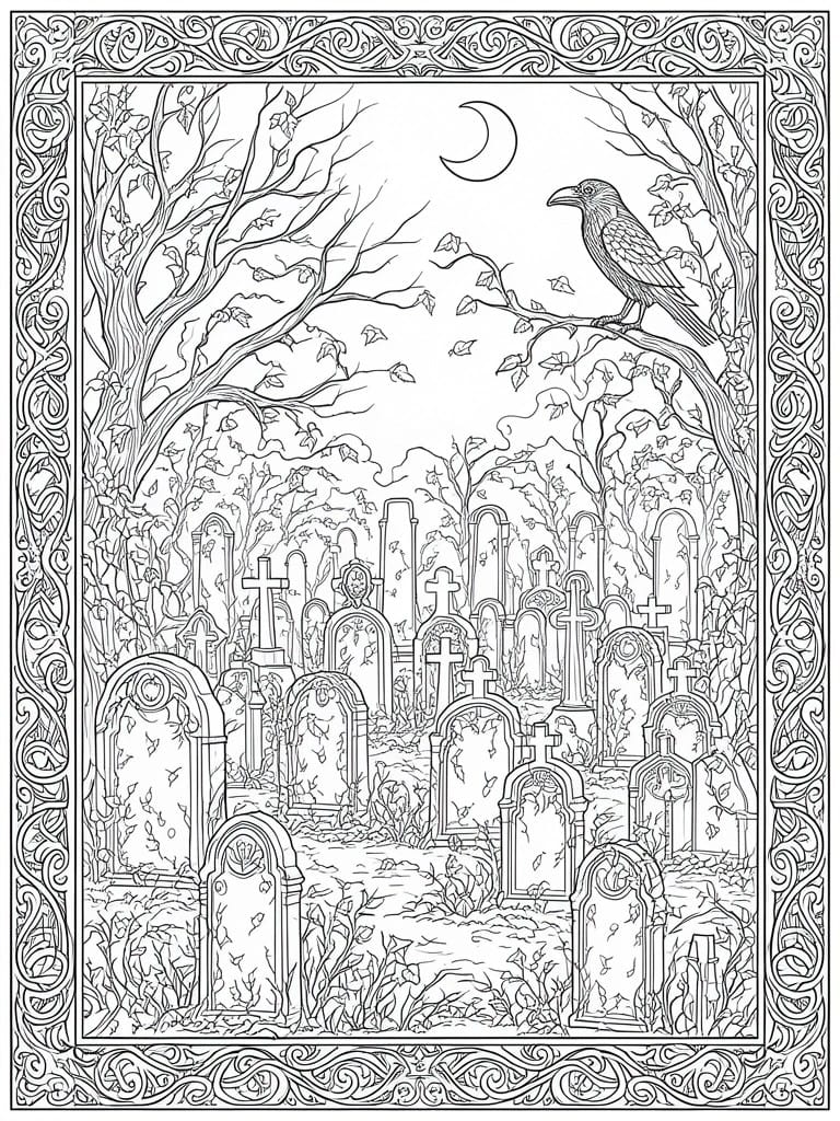 Ornate line art of raven perched above moonlit graveyard with tombstones, bare trees, and swirling border.