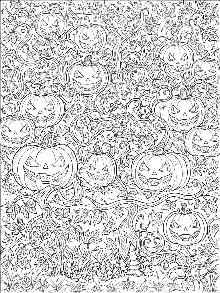 A black and white coloring page filled with many jack o lanterns, vines, and leaves in a dense Halloween scene.