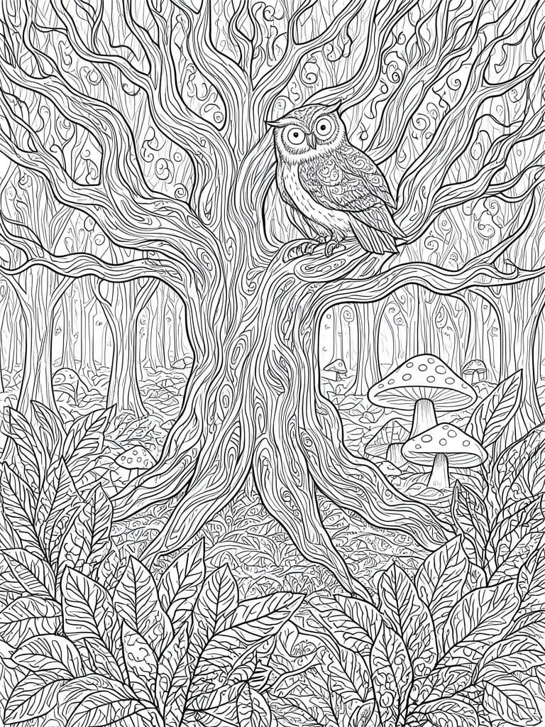 A black and white line drawing of an owl perched on a tree branch in a forest with mushrooms and leaves.