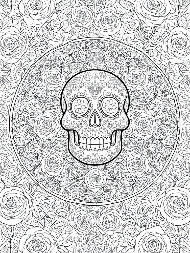 Intricate black and white mandala with central sugar skull amid roses