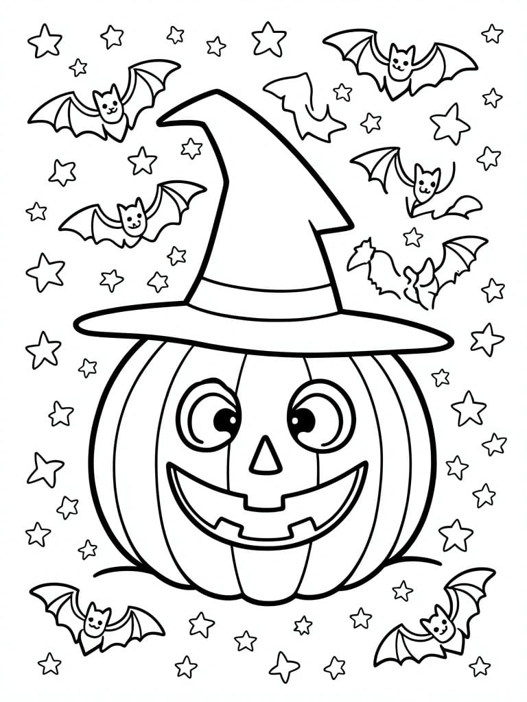 Coloring page of jack-o'-lantern in witch hat with bats and stars around
