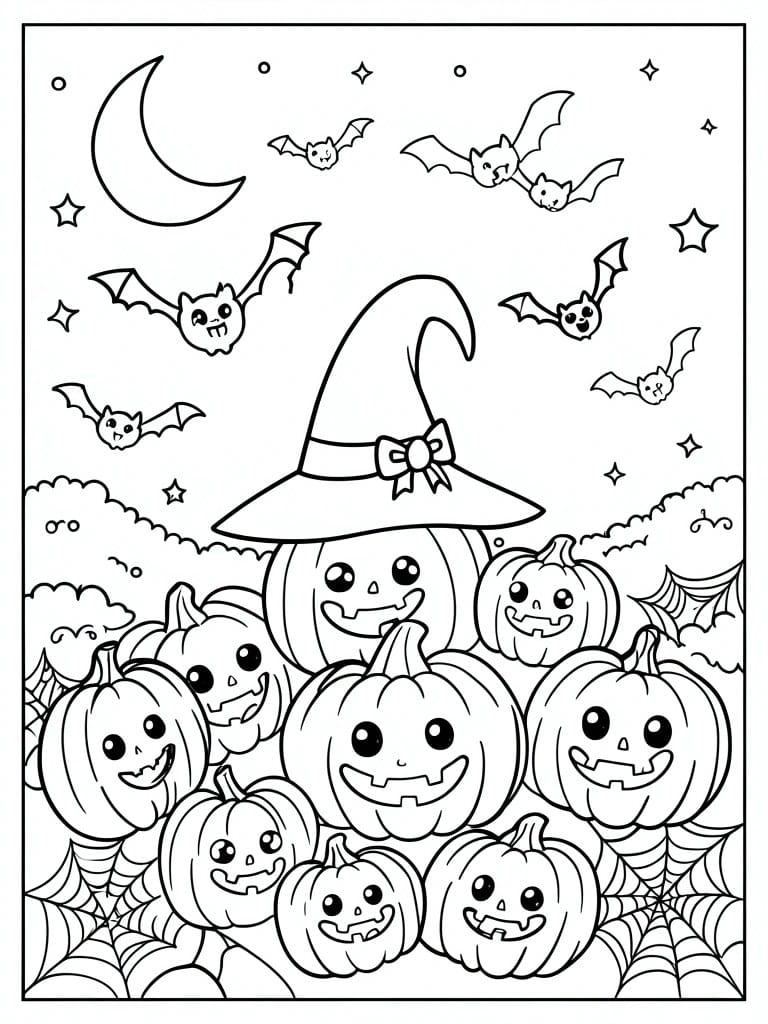 A black and white coloring page showing a cluster of jack-o'-lanterns with a witch hat on top, bats flying around a crescent moon, and spider webs in the corners.