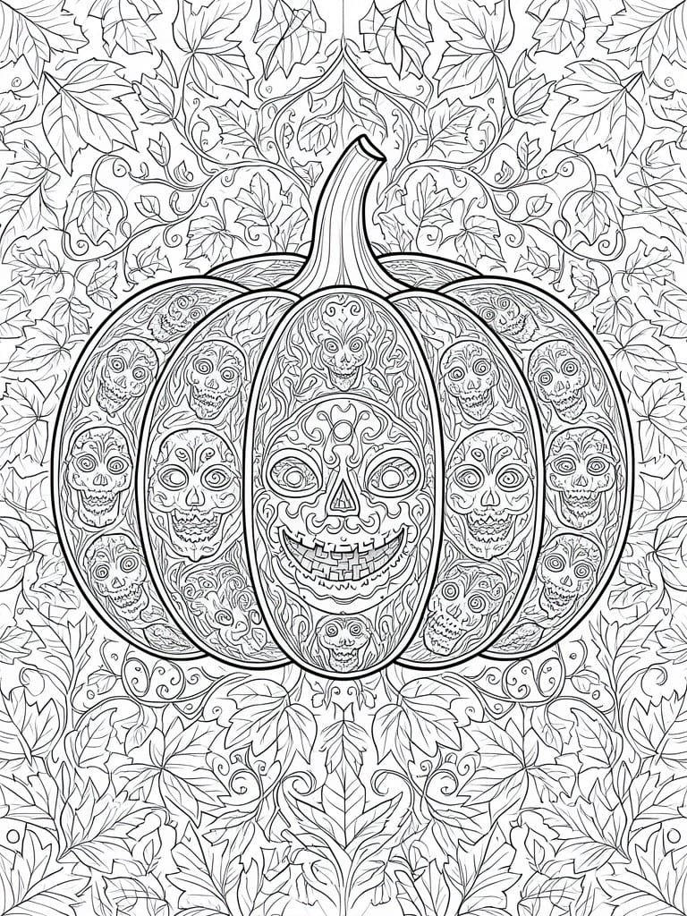 Ornate pumpkin with skull patterns amid leafy vines in black-and-white line art style.