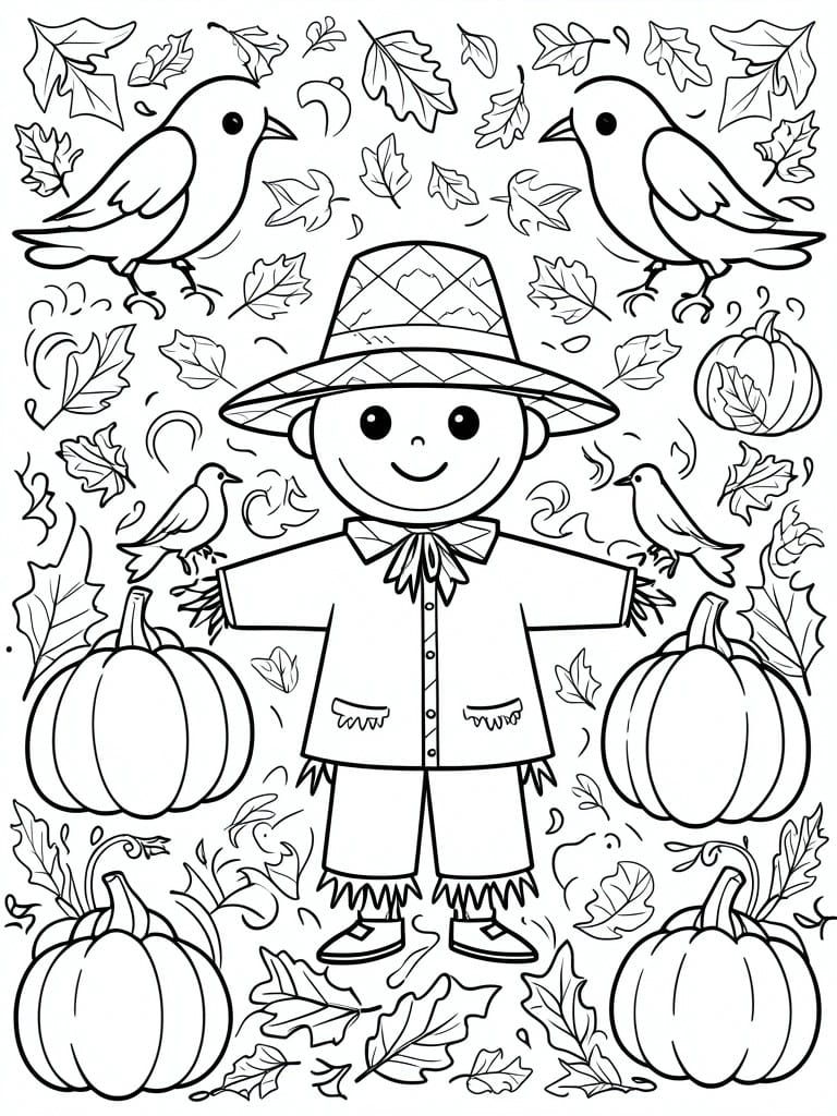 Coloring page of smiling scarecrow with pumpkins, birds, and scattered autumn leaves.
