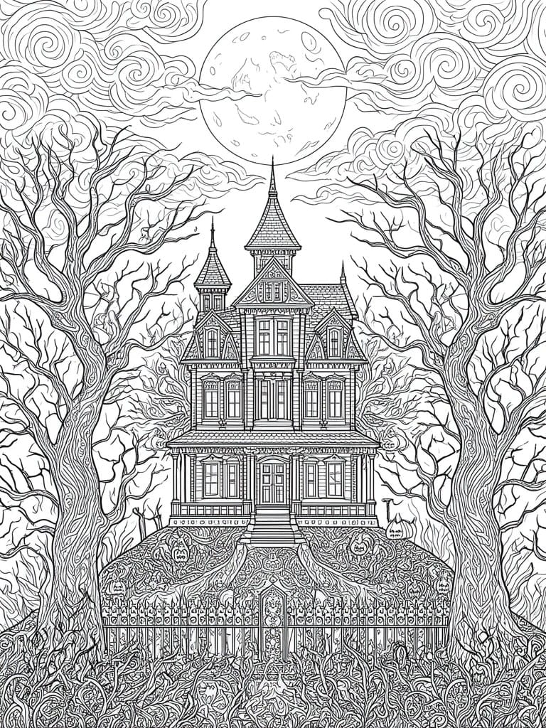 Black and white line art of a large Victorian house on a hill under a full moon, surrounded by bare trees, a fence, and pumpkins.