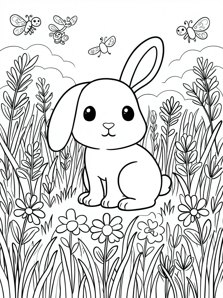 A line drawing coloring page shows a bunny sitting in grass with flowers and butterflies around it.