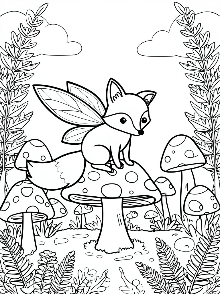 Winged fox perched on large mushroom amid ferns, plants and clouds in line art