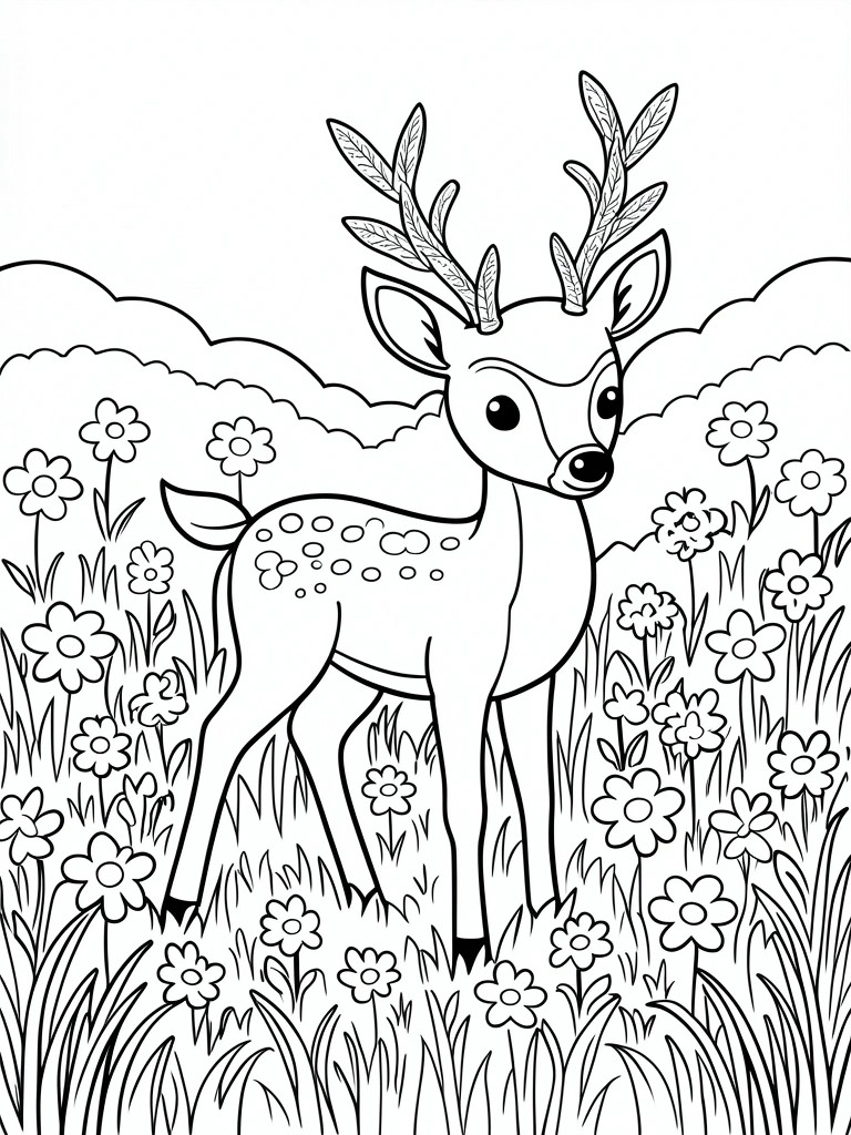 Coloring page of a young deer with antlers standing in a flower-filled meadow.