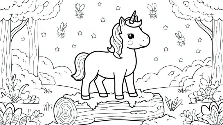 Cute unicorn on log with smiling bees, stars, and leafy plants around it