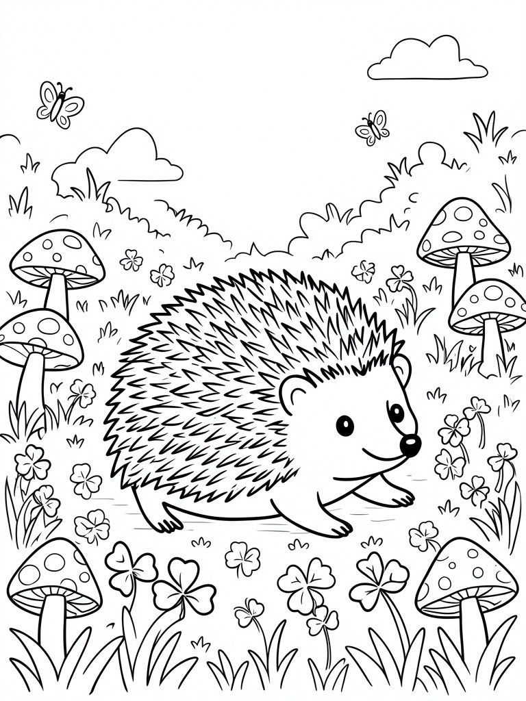 A line drawing of a hedgehog walking among mushrooms and clover plants with butterflies in the sky.
