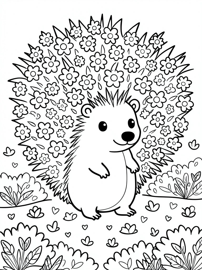 Cartoon hedgehog with flowers on its spines amid hearts, bushes, and garden blooms.