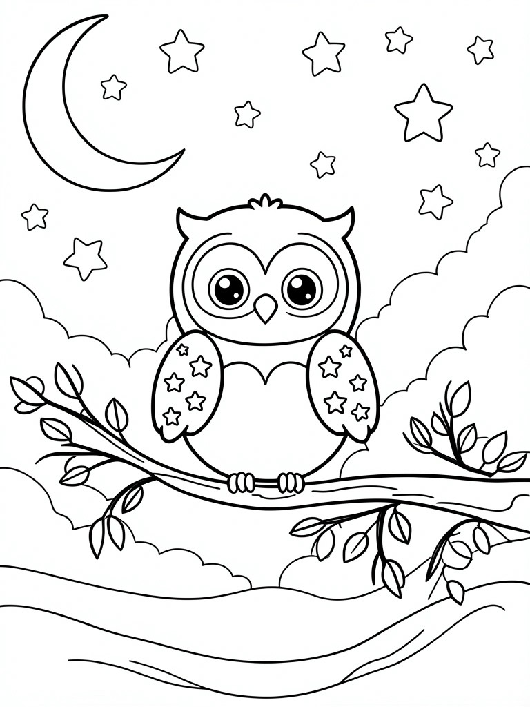 Cartoon owl with starry wings perched on leafy branch under crescent moon and stars.