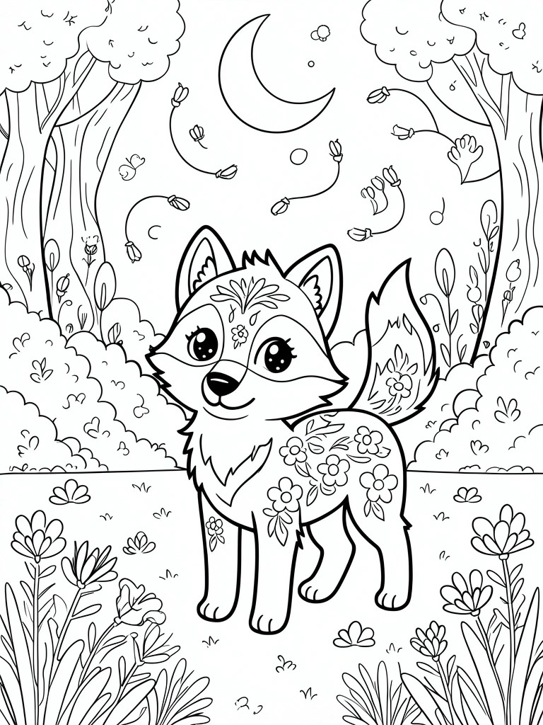 Coloring page of a floral fox standing in a forest under a crescent moon.