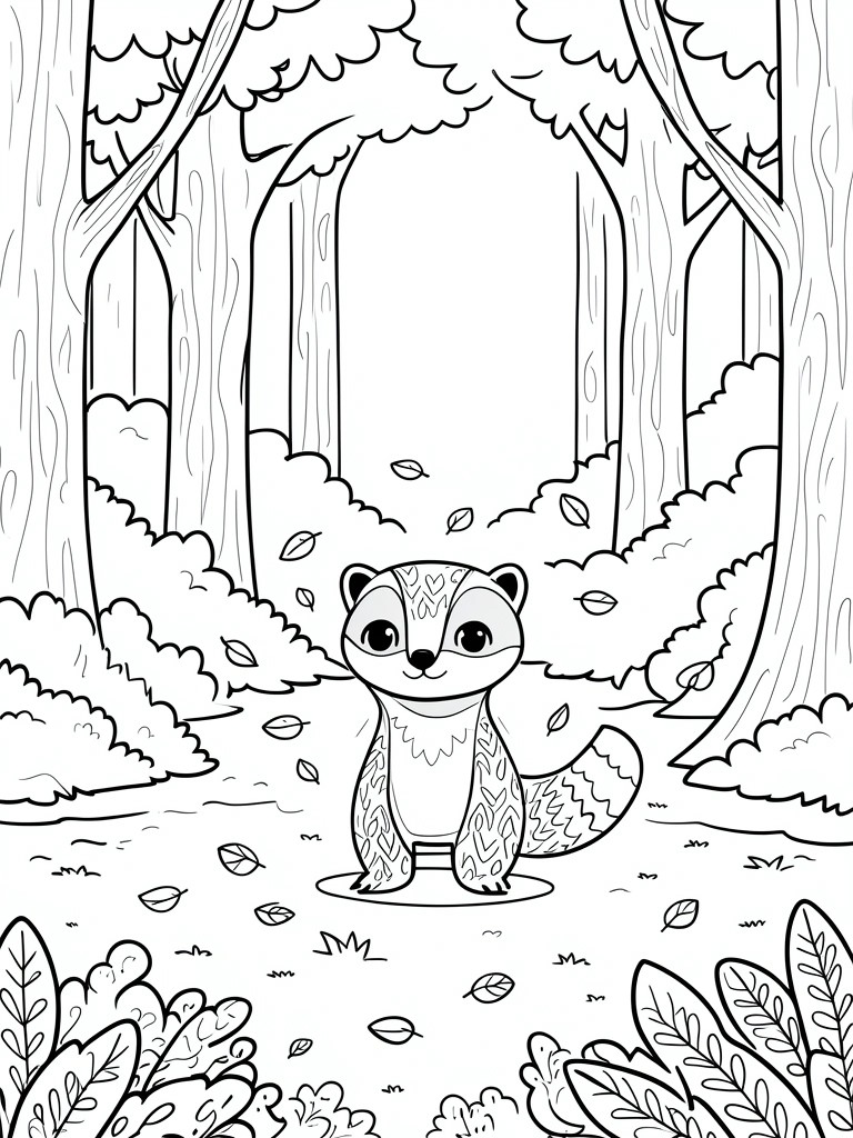 Cartoon raccoon sitting in forest surrounded by trees and falling leaves